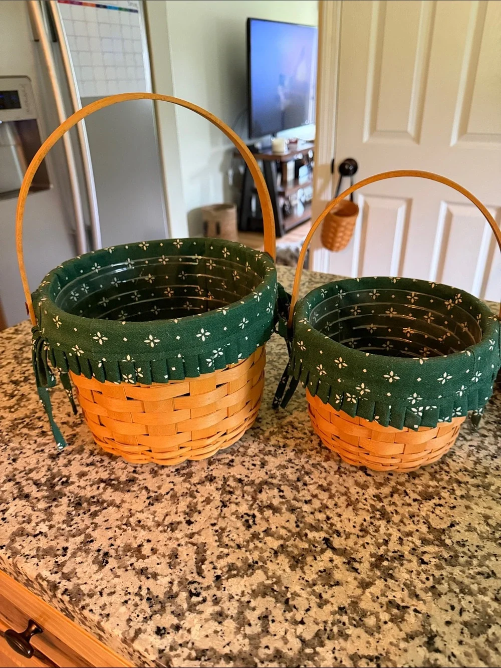Longaberger Natural Basket Pair with Dark Green Floral Liners